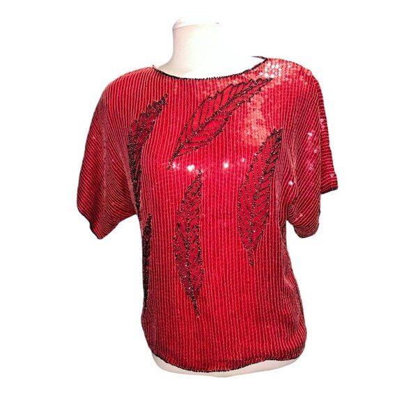 Vintage Jean For Le Bon Red Sequin Beaded Top Medium Pure Silk Short Sleeve Wome - Picture 8 of 11